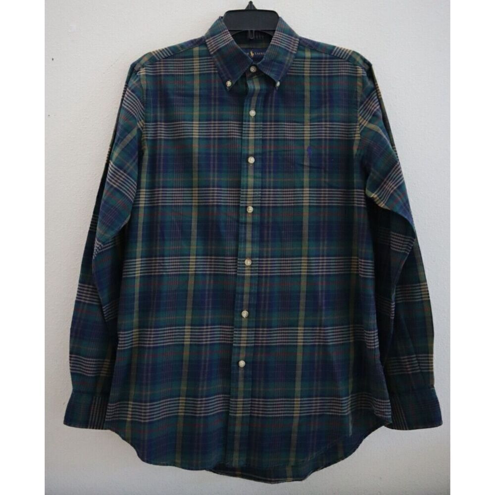 Ralph Lauren Men's Sz S Green/Navy Plaid Custom Fit Button-Up Poplin Shirt